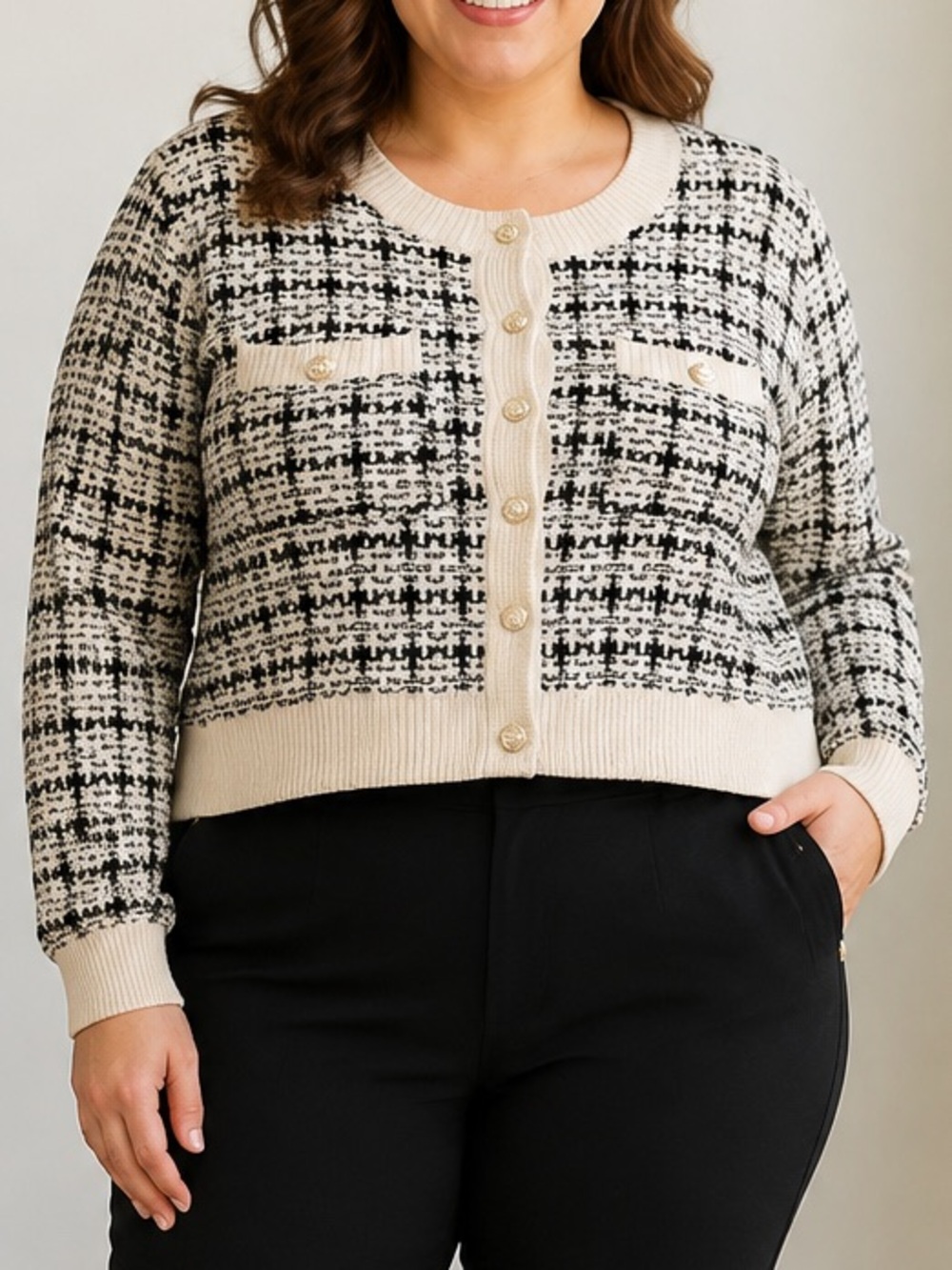 Cream and Black Tweed Knit Cardigan Sweater